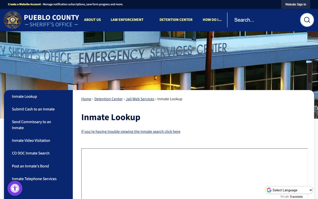 Pueblo County inmate search portal for jail roster information