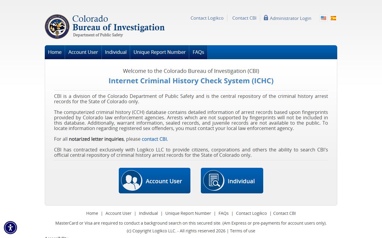 Colorado Bureau of Investigation criminal history check system homepage