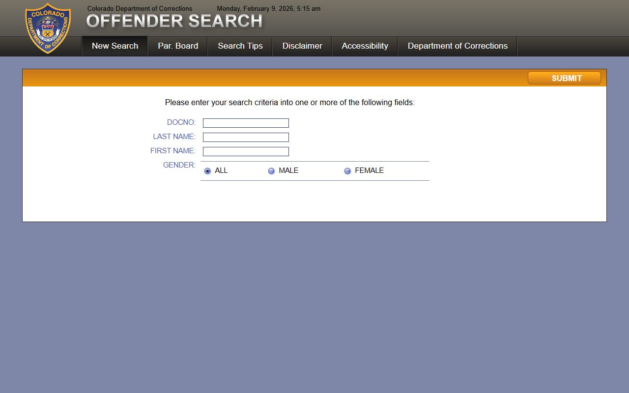 Colorado Department of Corrections offender search portal showing search fields