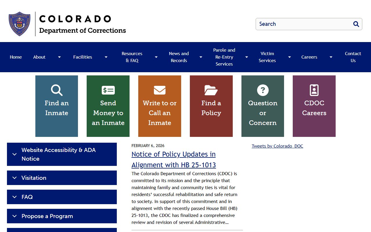Colorado Department of Corrections homepage with links to inmate services