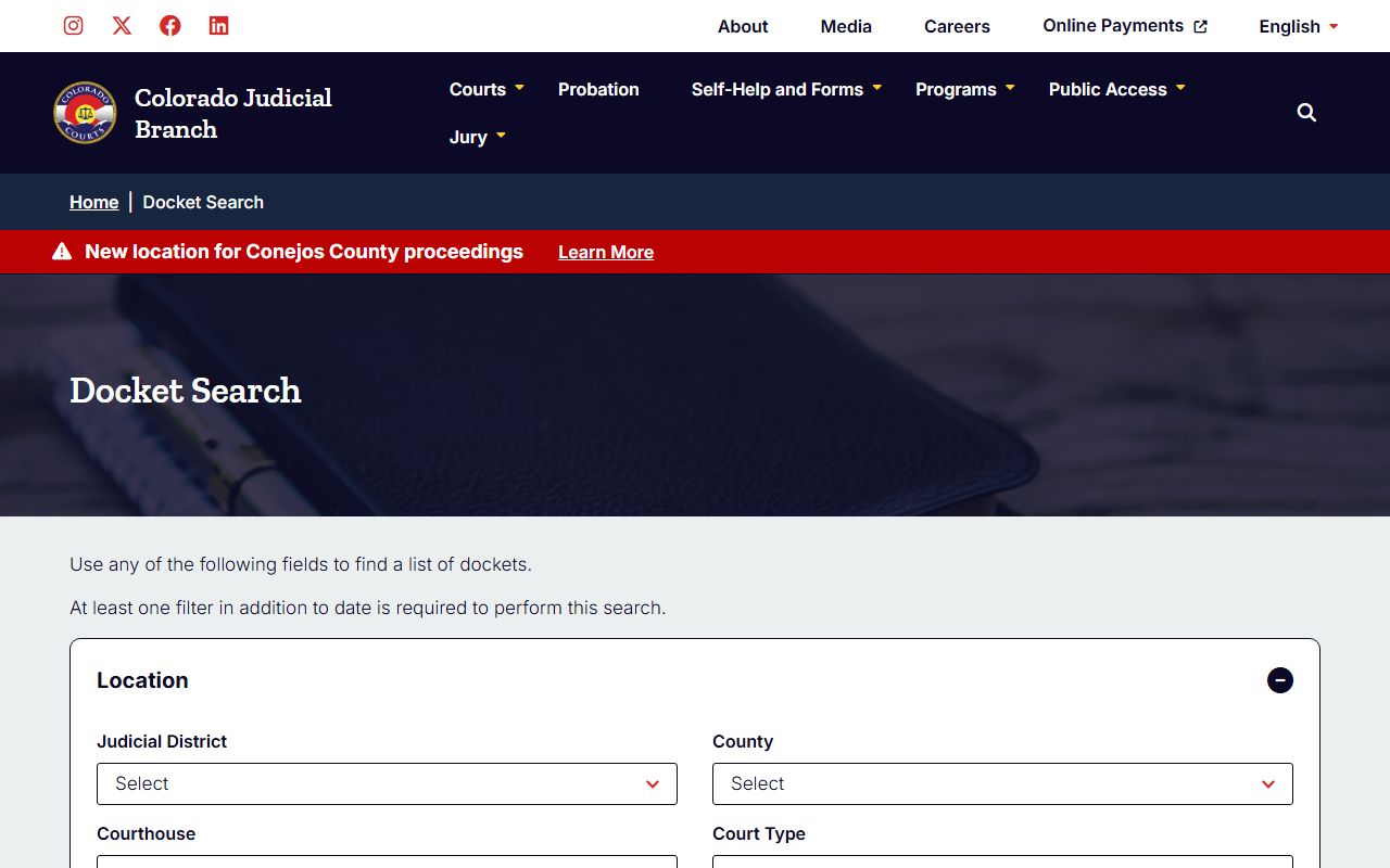 Colorado Judicial Branch docket search system